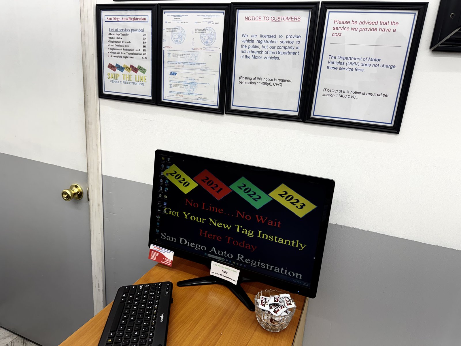 Service desk with DMV licenses and certificates